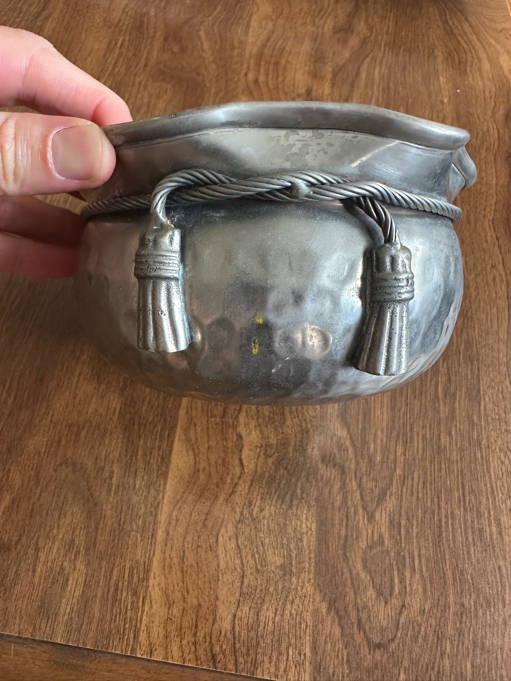 Decorative Hammered Metal Bowl with Rope Tassel Detail - Silver